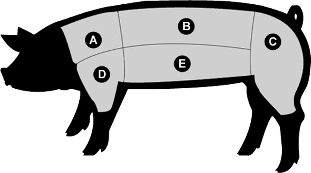 Diagram of a pig with labeled sections A, B, C, D, and E indicating different cuts of meat.